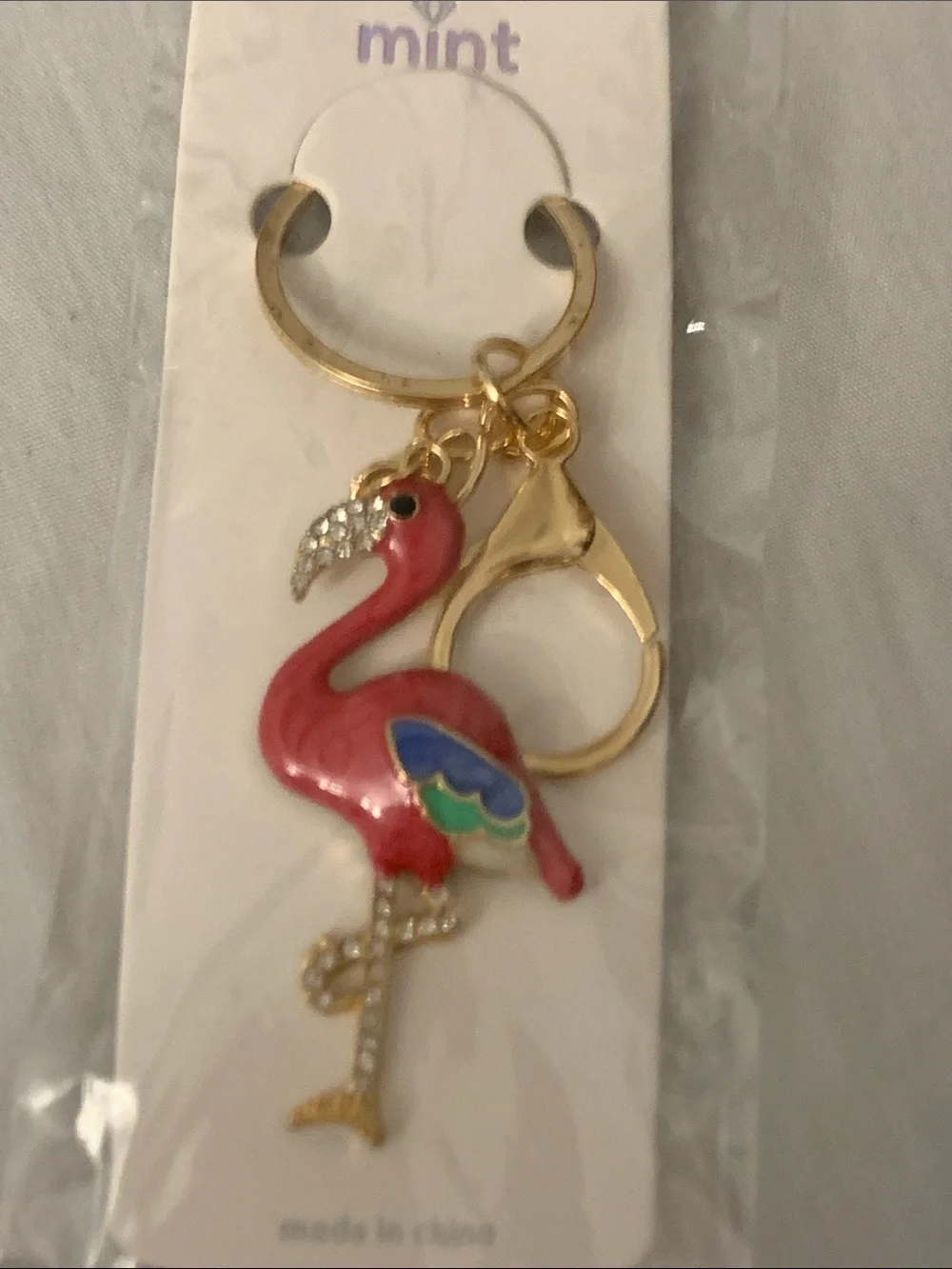 Mint Pink Flamingo Keychain with Gold Hardware and Multicolor Wing